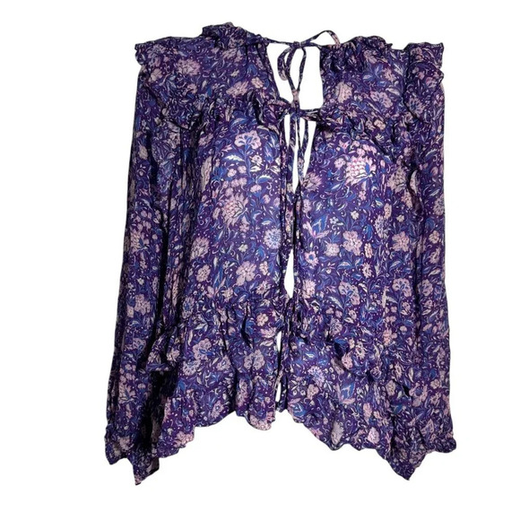 MAJE Purple Dahlia ruffle long sleeve top size 3 Large ties in front floral - Picture 1 of 10